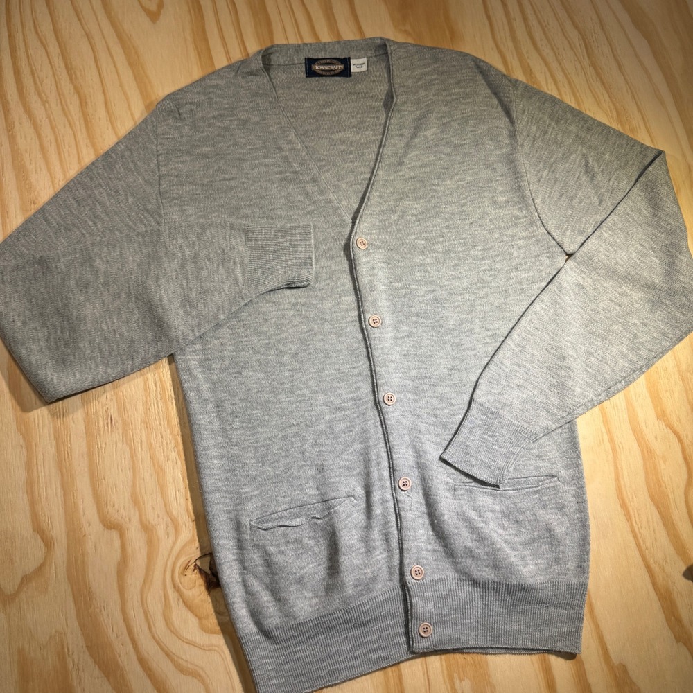 Towncraft Men's Vintage Knit Cardigan Sweater Grey Long Sleeve Pockets Sz M Tall